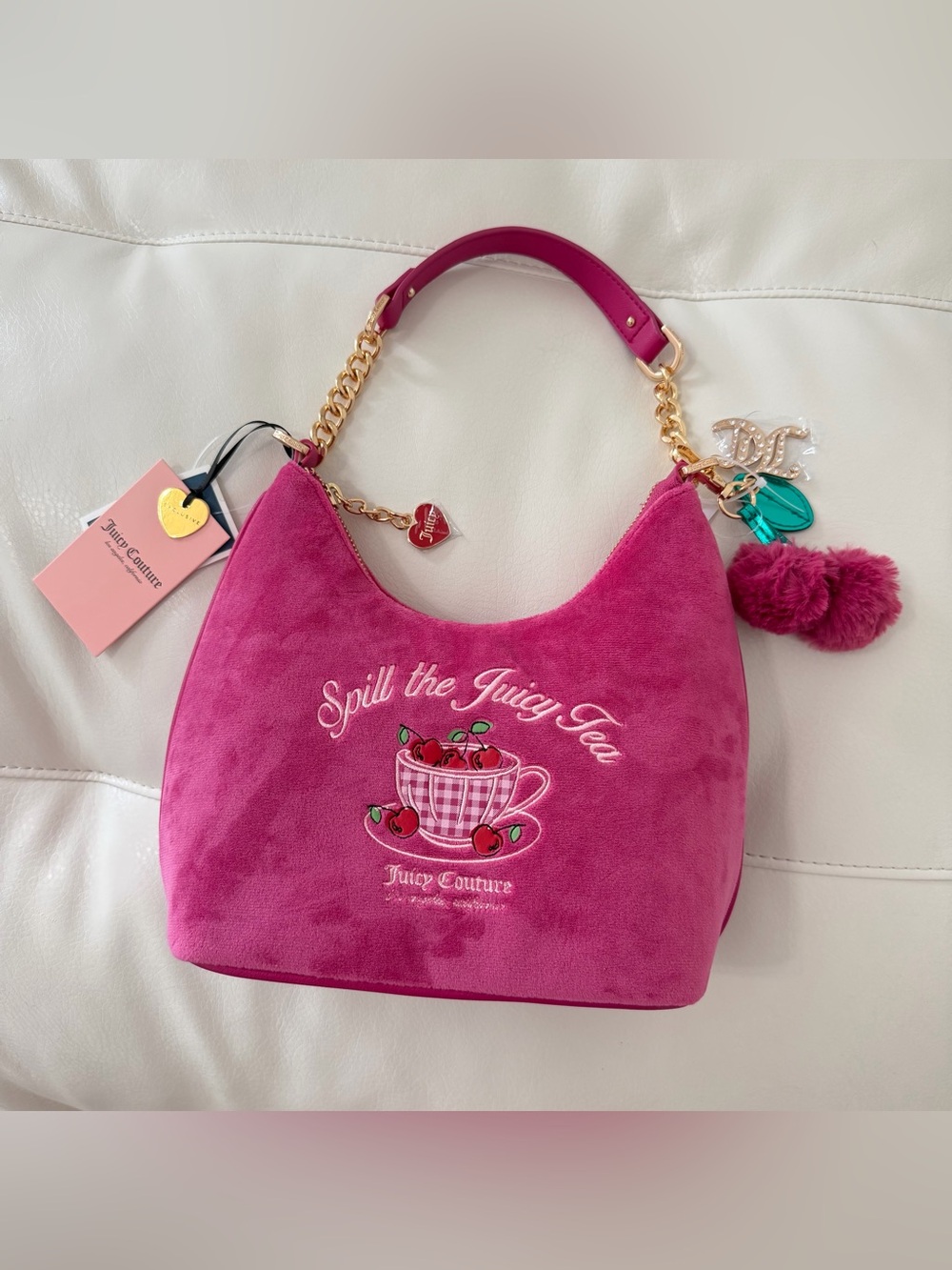 New Y2k Juicy Couture pink suede handbag with cherry charm